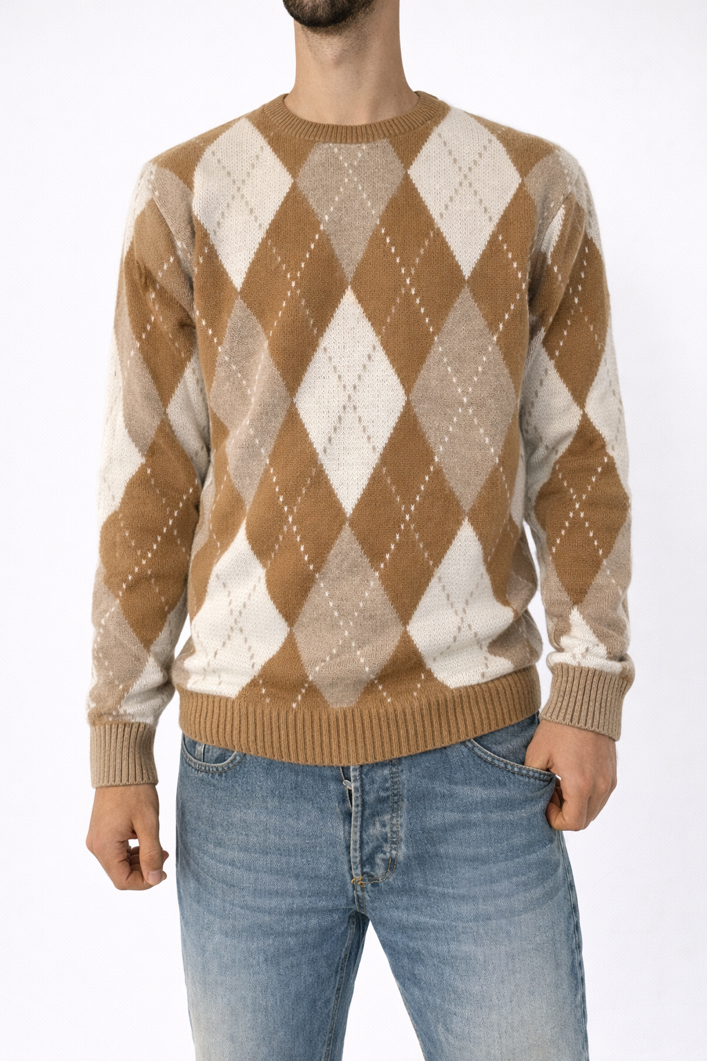 MAGLIONE CON FANTASIE BICOLORE A ROMBI BEIGE