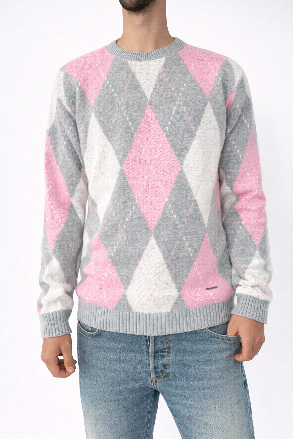 MAGLIONE CON FANTASIE BICOLORE A ROMBI ROSA