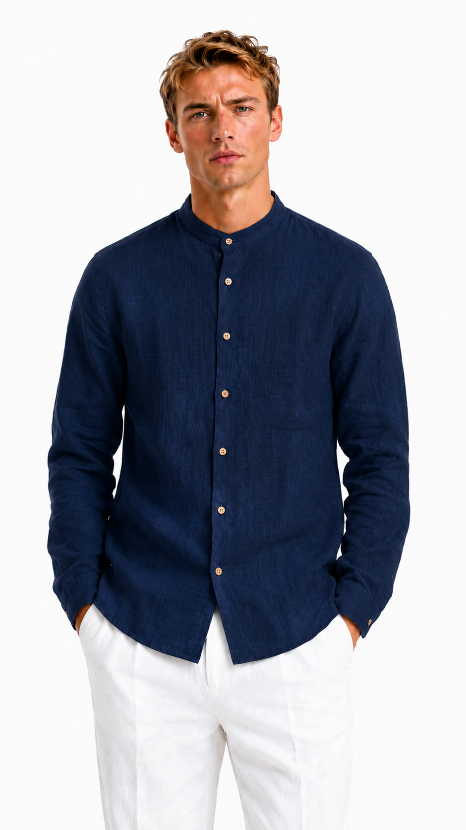 CAMICIA VERDE IN 100% LINO CON COLLO COREANO