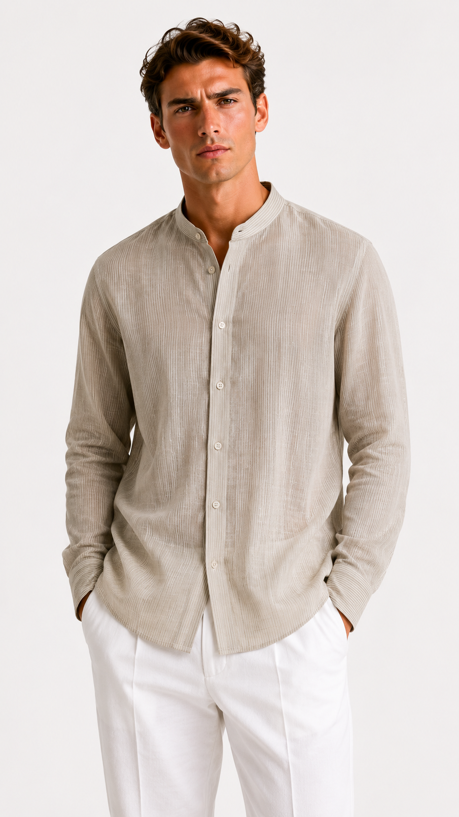 CAMICIA BEIGE 100% LINO CON RIGO STRETTO