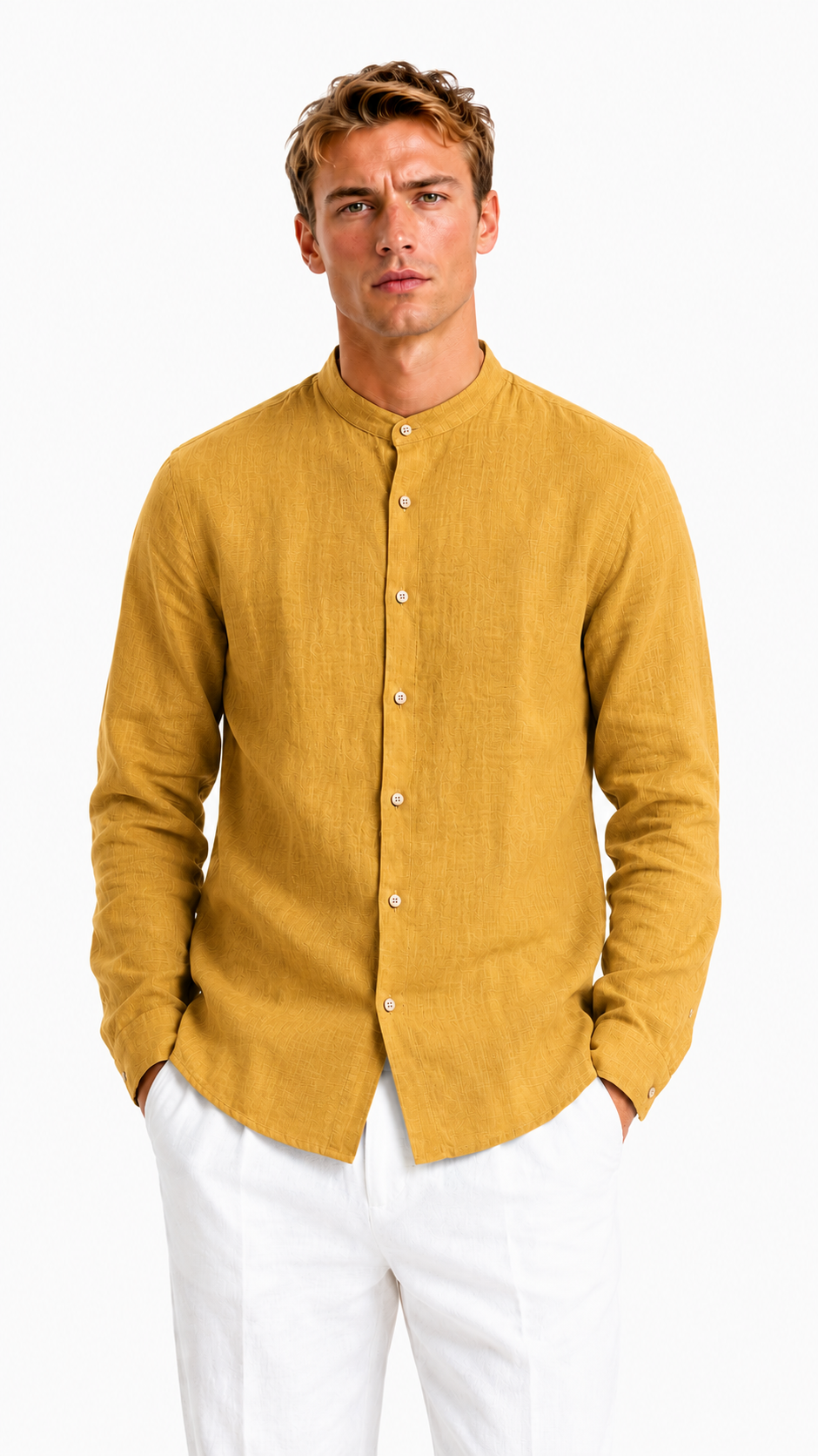 CAMICIA VERDE IN 100% LINO CON COLLO COREANO