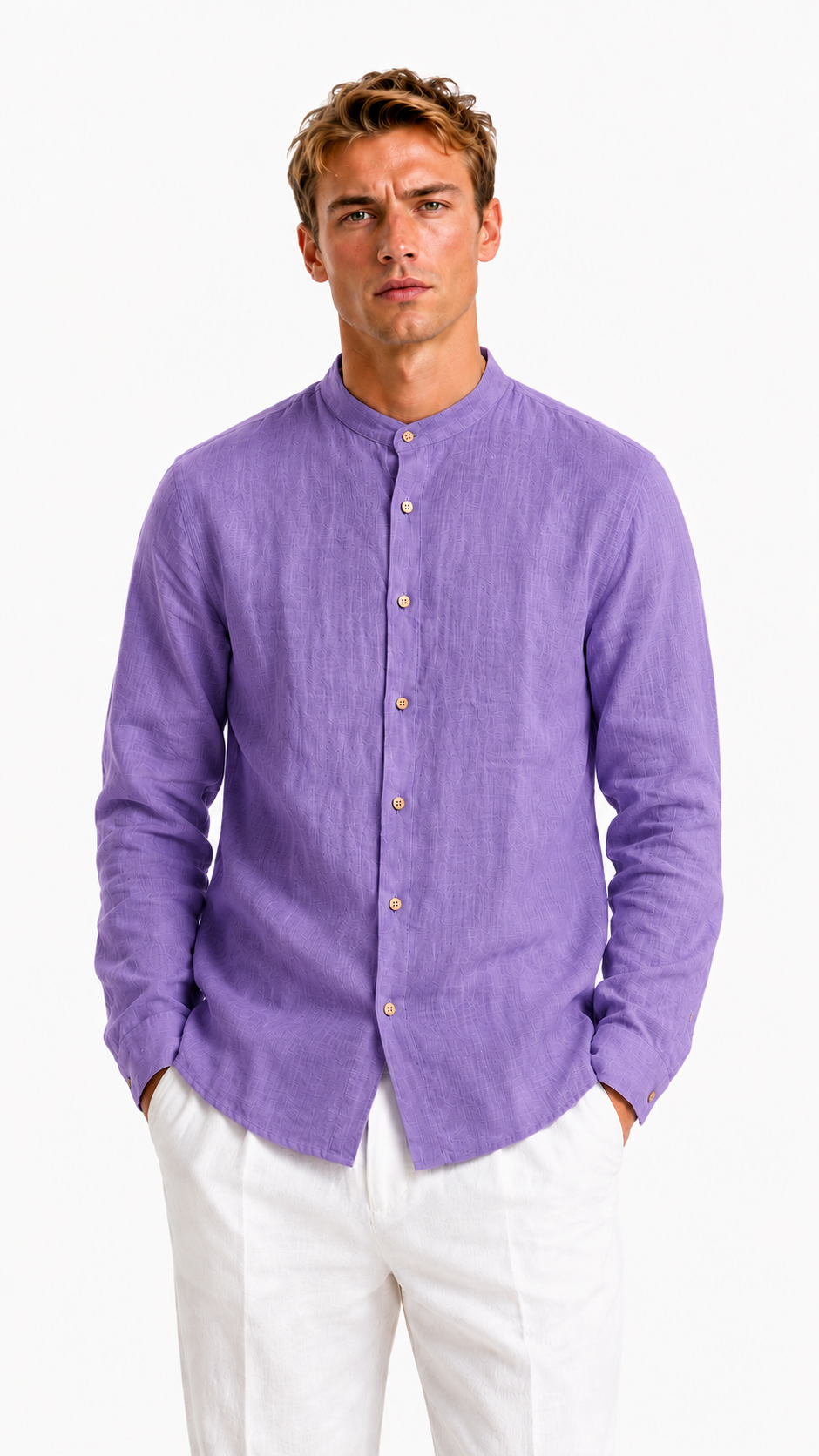 CAMICIA VERDE IN 100% LINO CON COLLO COREANO