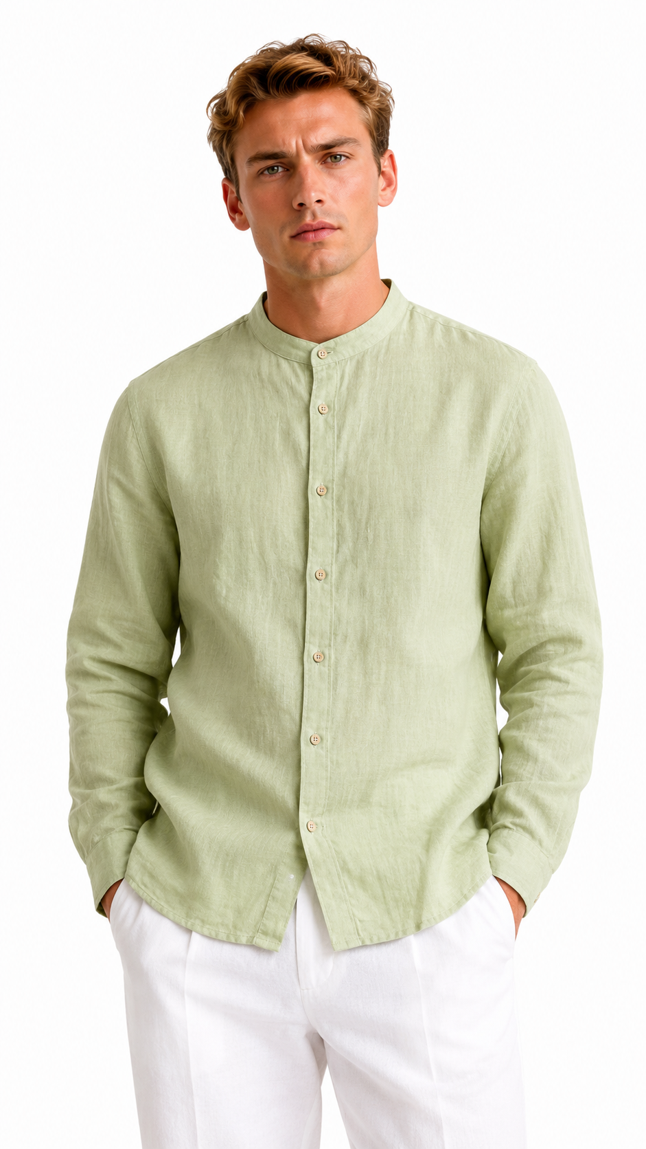 CAMICIA VERDE IN100% LINO CON COLLO COREANO