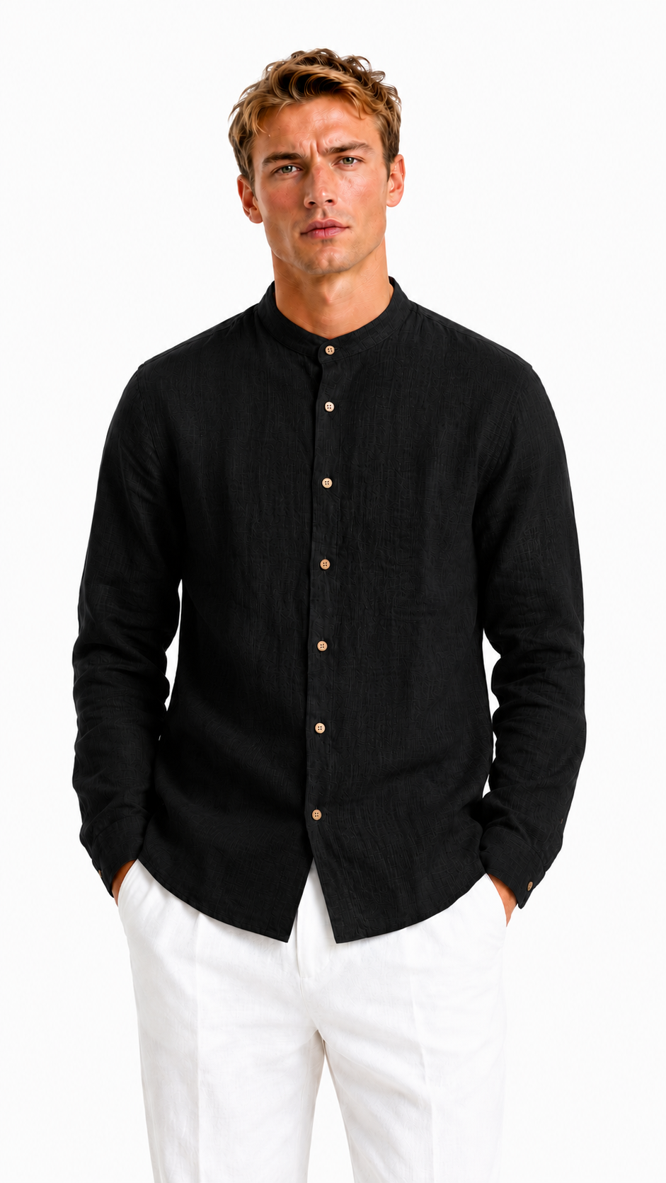 CAMICIA VERDE IN 100% LINO CON COLLO COREANO