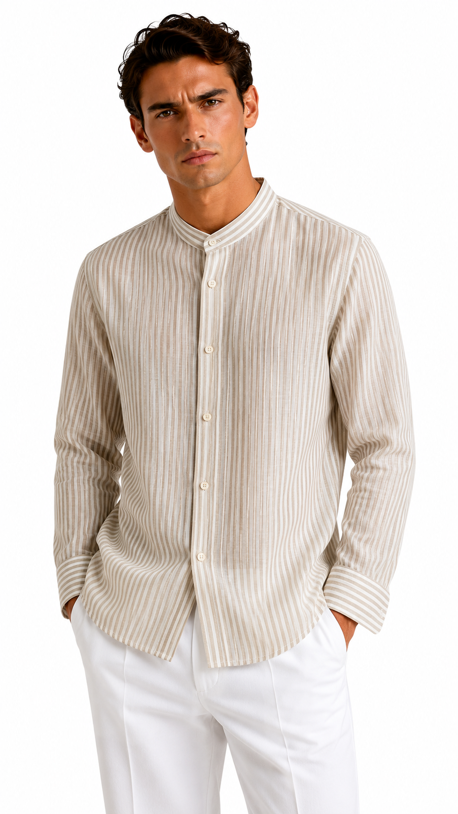 CAMICIA BEIGE 100% LINO CON RIGATA