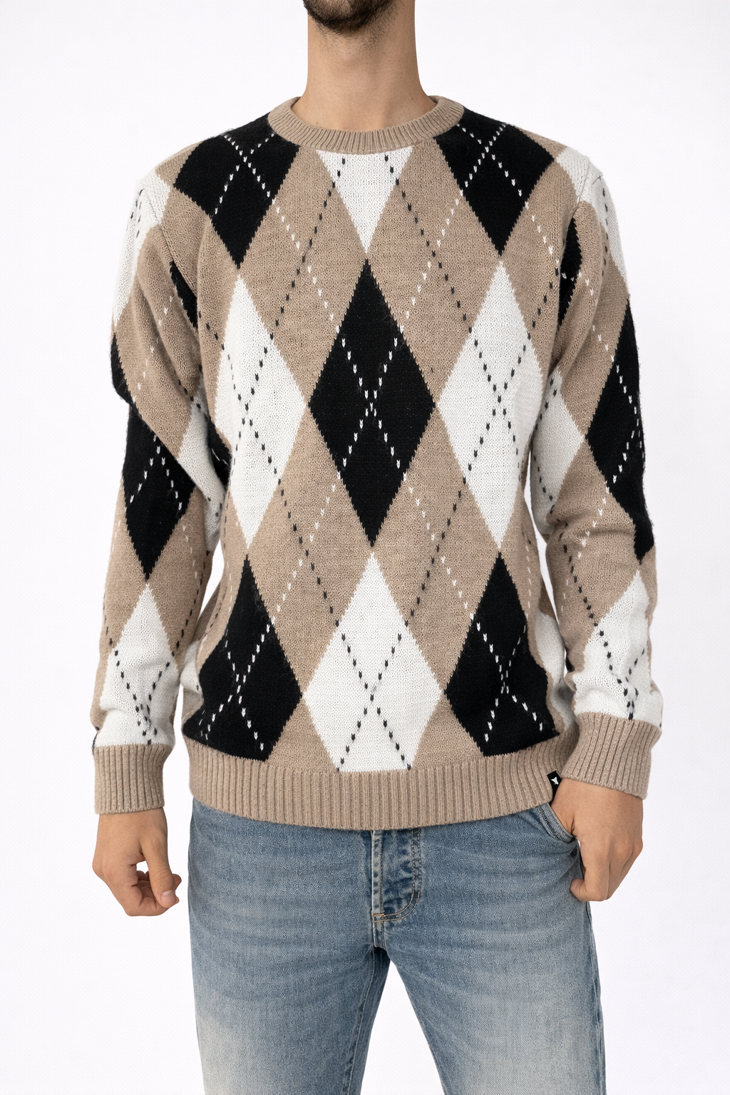 MAGLIONE CON FANTASIE BICOLORE A ROMBI BEIGE