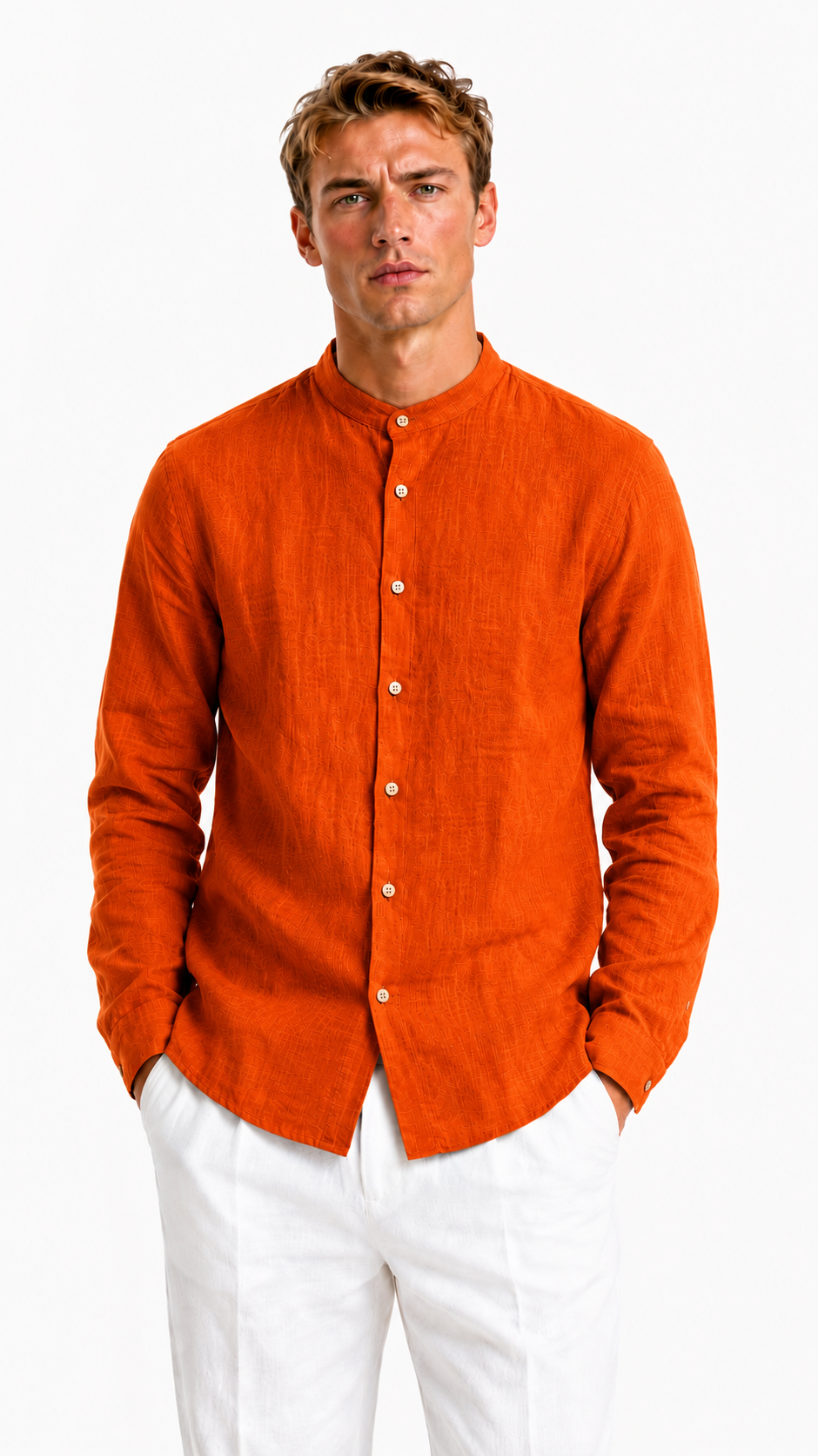 CAMICIA VERDE IN 100% LINO CON COLLO COREANO