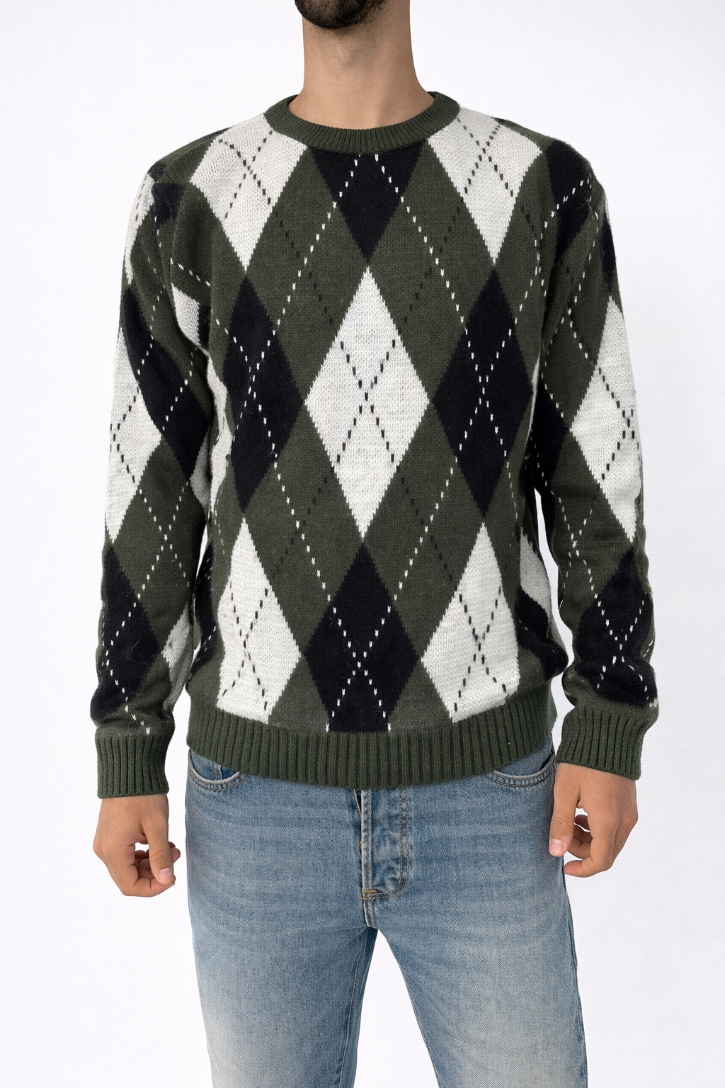 MAGLIONE CON FANTASIE BICOLORE A ROMBI VERDE