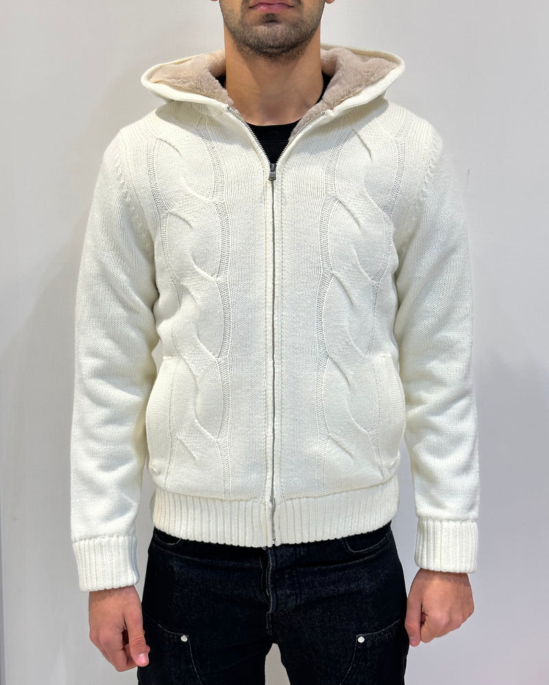 MAGLIONE CON ZIP E CAPPUCCIO ED INTERNI IN PELLICCIA