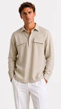 CAMICIA BEIGE 100% LINO CON TASCHE A TOPPA