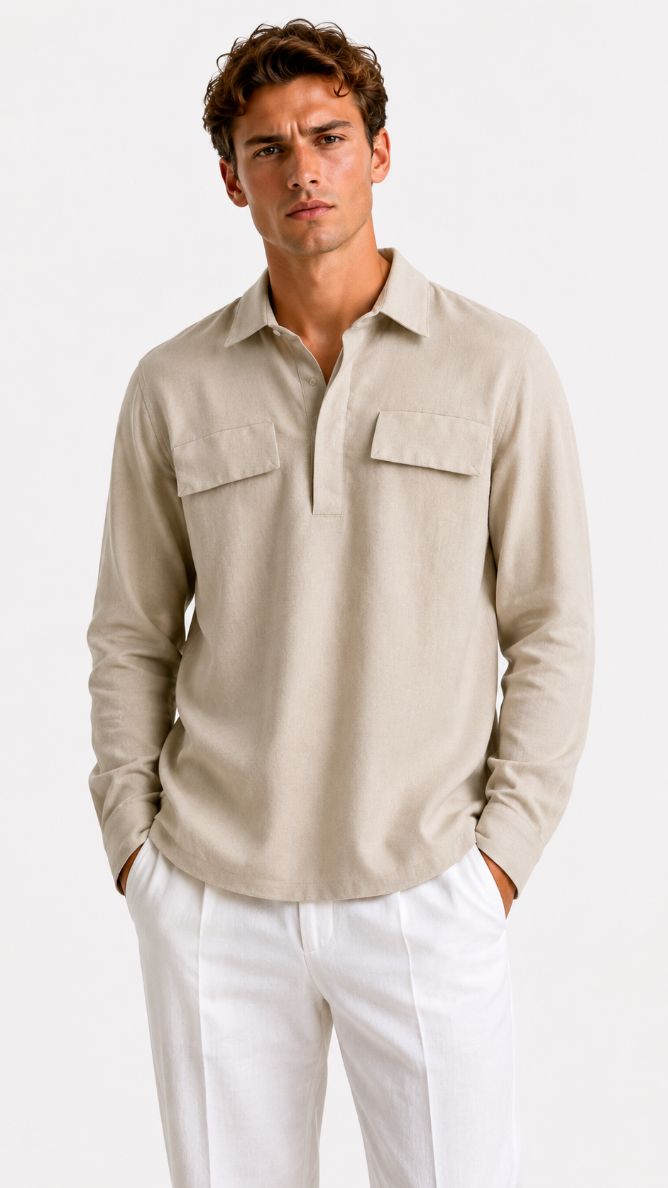 CAMICIA BEIGE 100% LINO CON TASCHE A TOPPA
