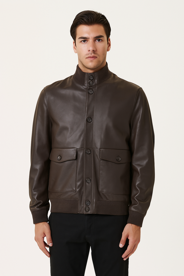 Bomber in eco pelle con collo alto