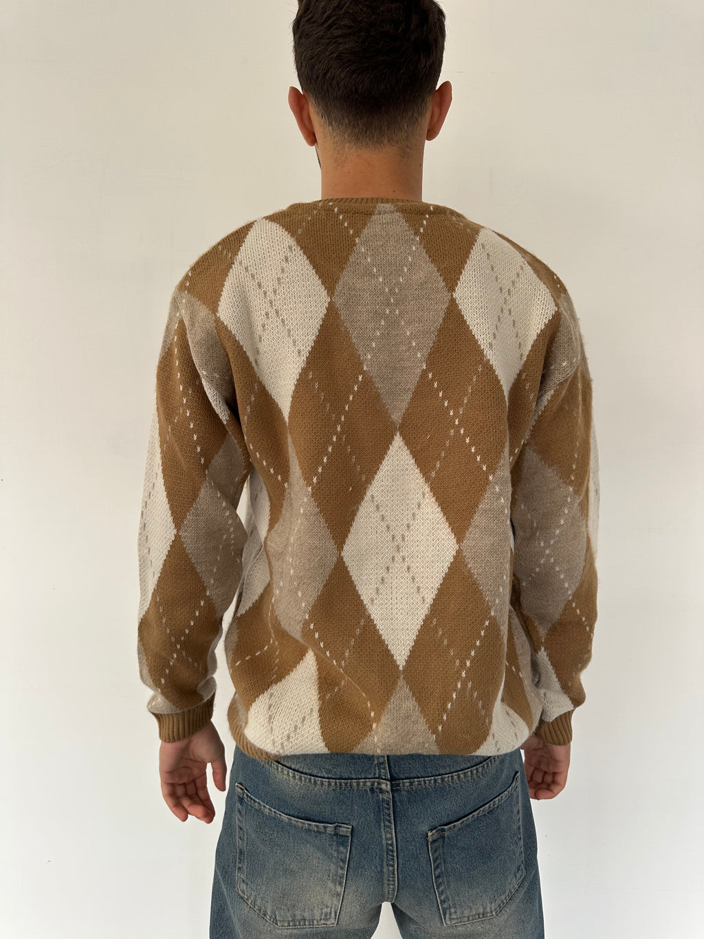MAGLIONE CON FANTASIE BICOLORE A ROMBI BEIGE