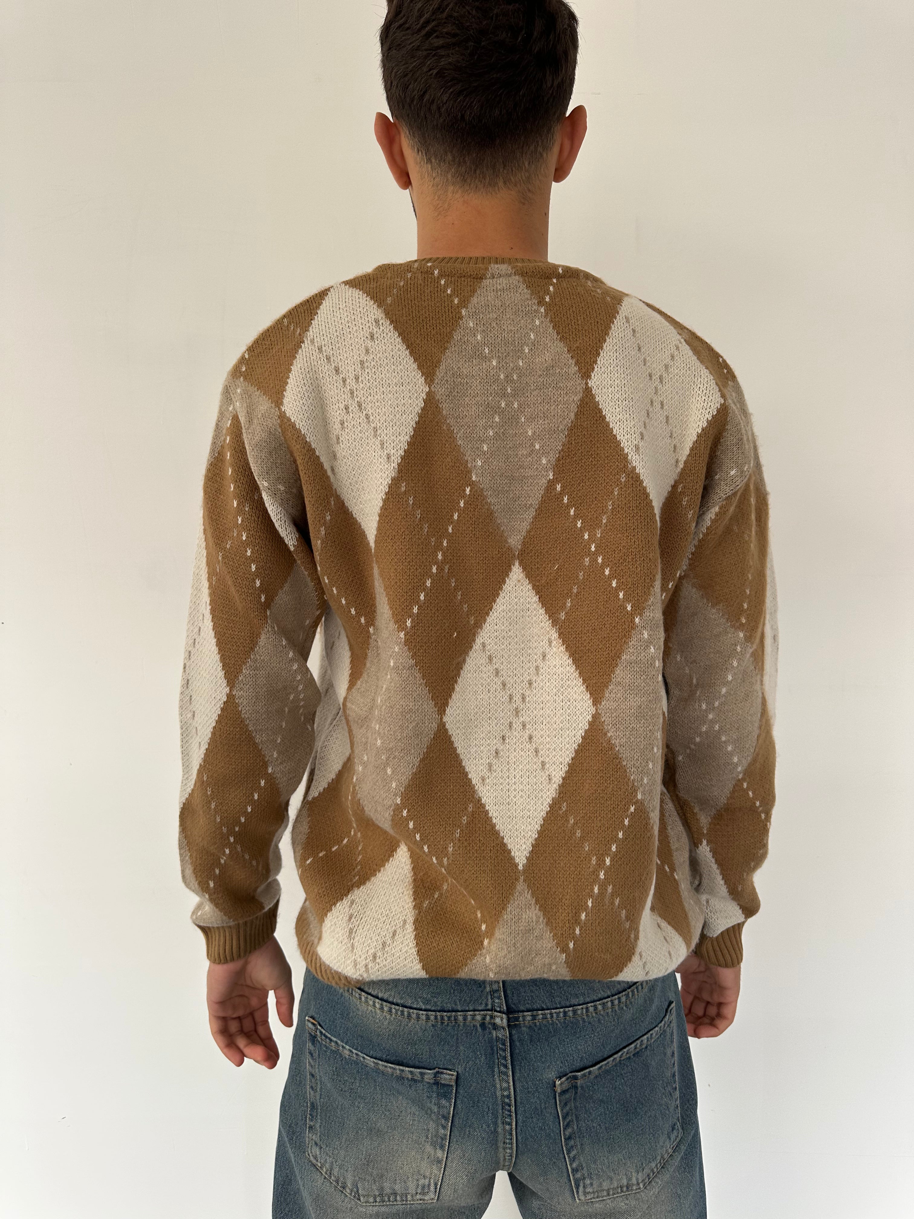 MAGLIONE CON FANTASIE BICOLORE A ROMBI BEIGE