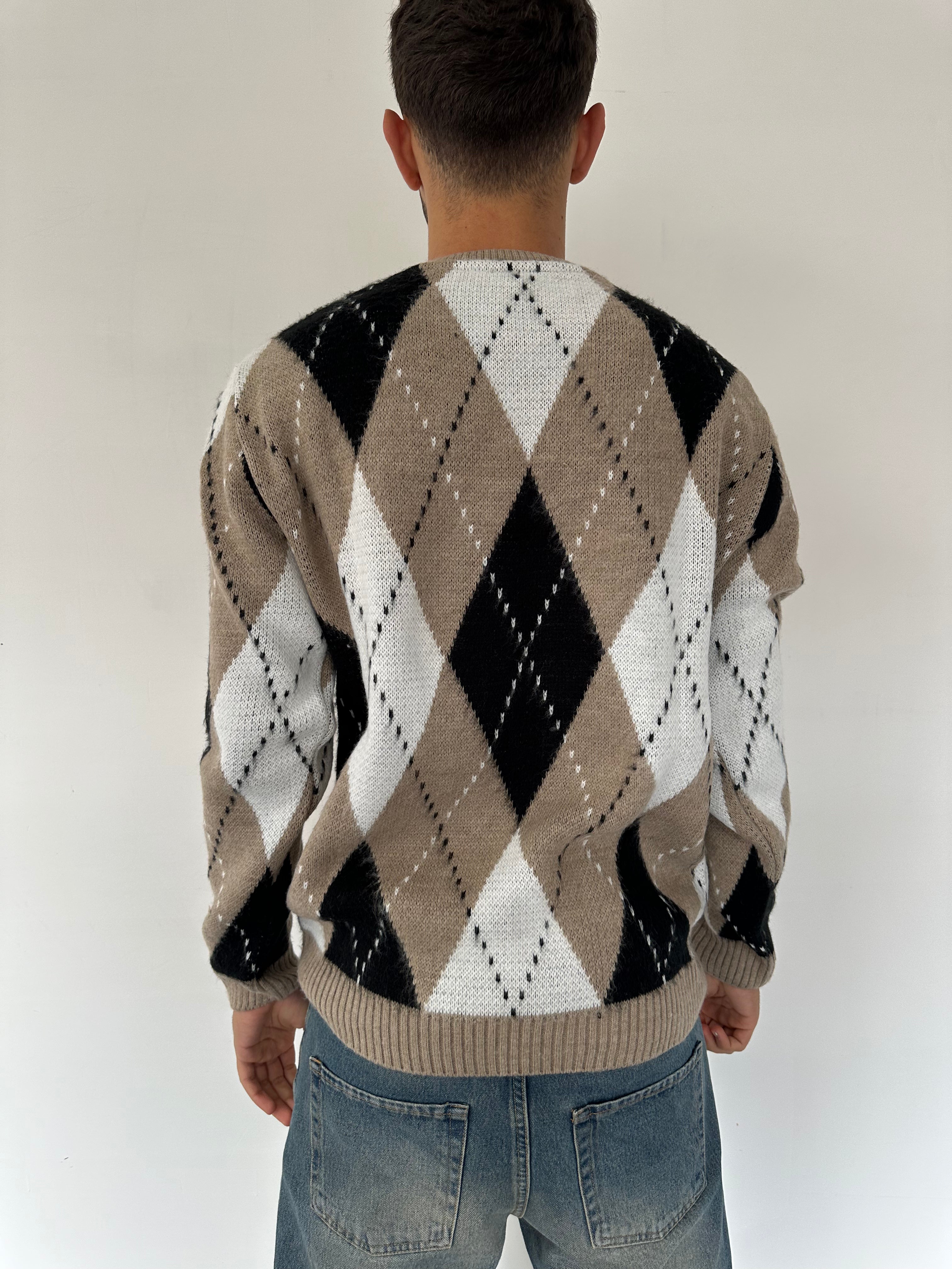 MAGLIONE CON FANTASIE BICOLORE A ROMBI BEIGE
