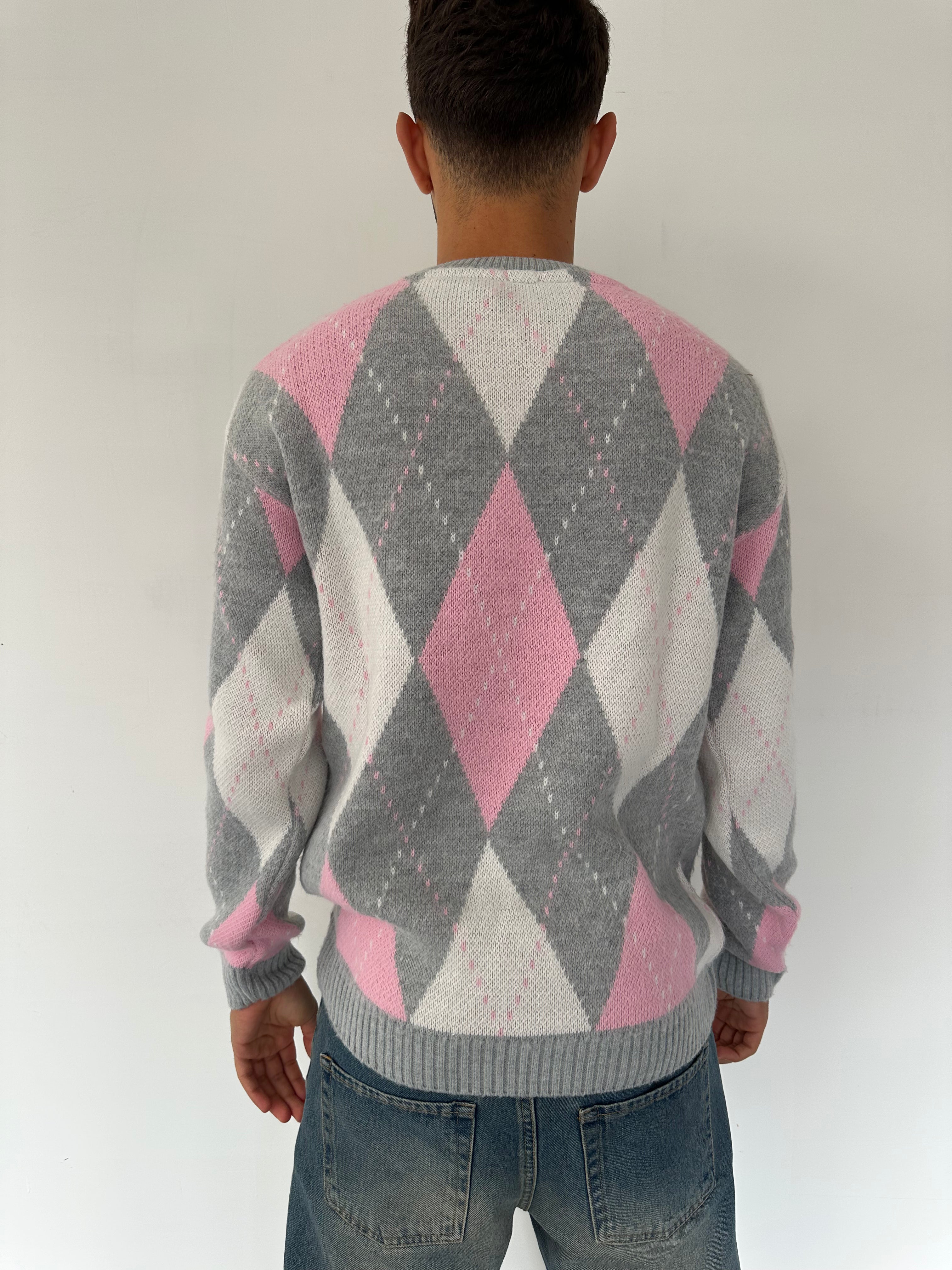 MAGLIONE CON FANTASIE BICOLORE A ROMBI ROSA