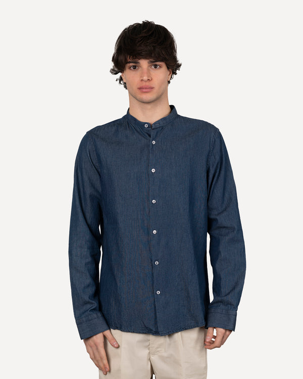 Camicia collo coreano in chambray manica lunga