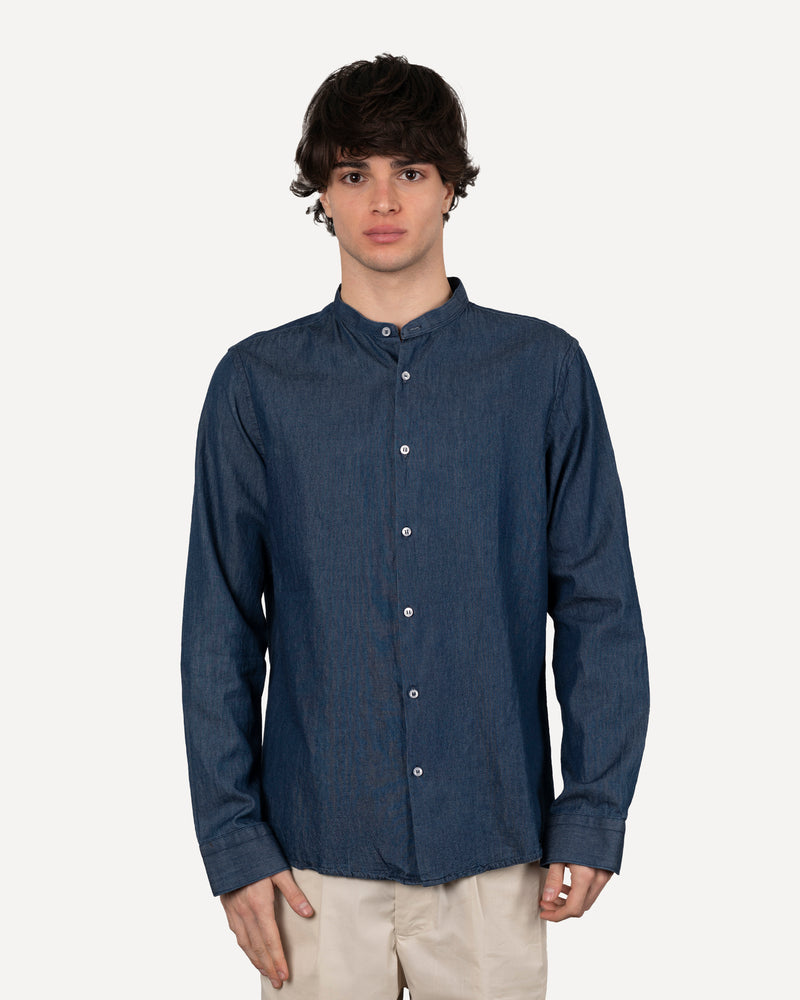 Camicia collo coreano in chambray manica lunga