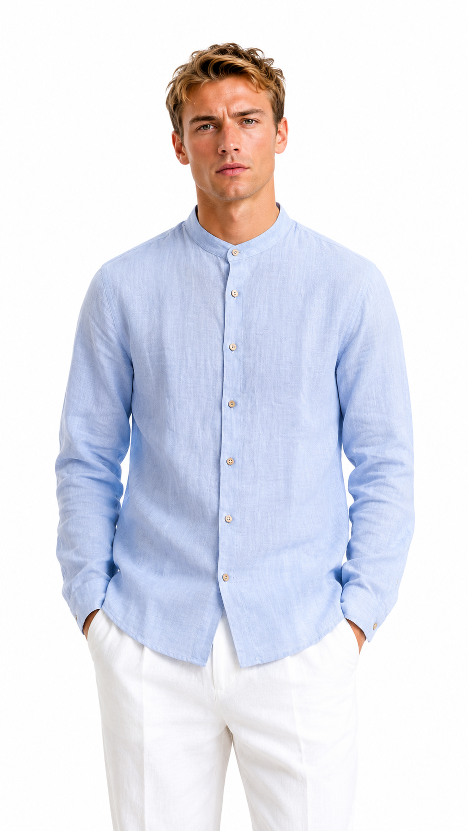 CAMICIA CELESTE IN 100% LINO CON COLLO COREANO