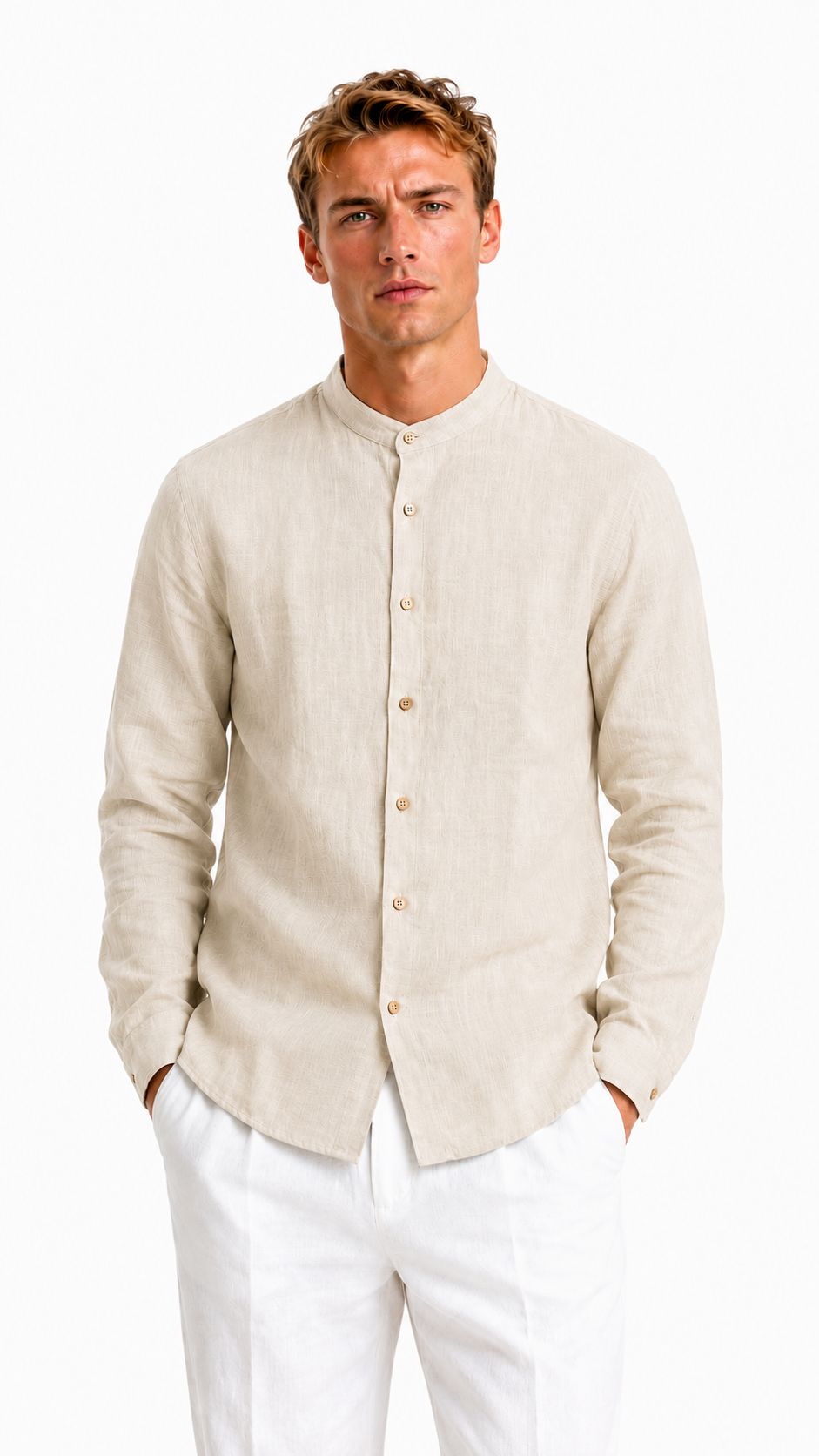 CAMICIA VERDE IN 100% LINO CON COLLO COREANO