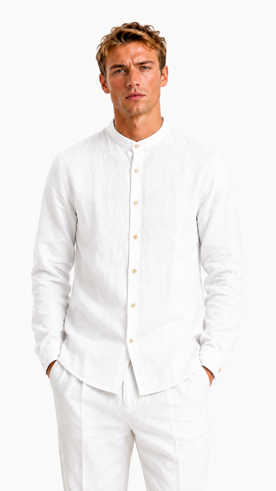 CAMICIA VERDE IN 100% LINO CON COLLO COREANO