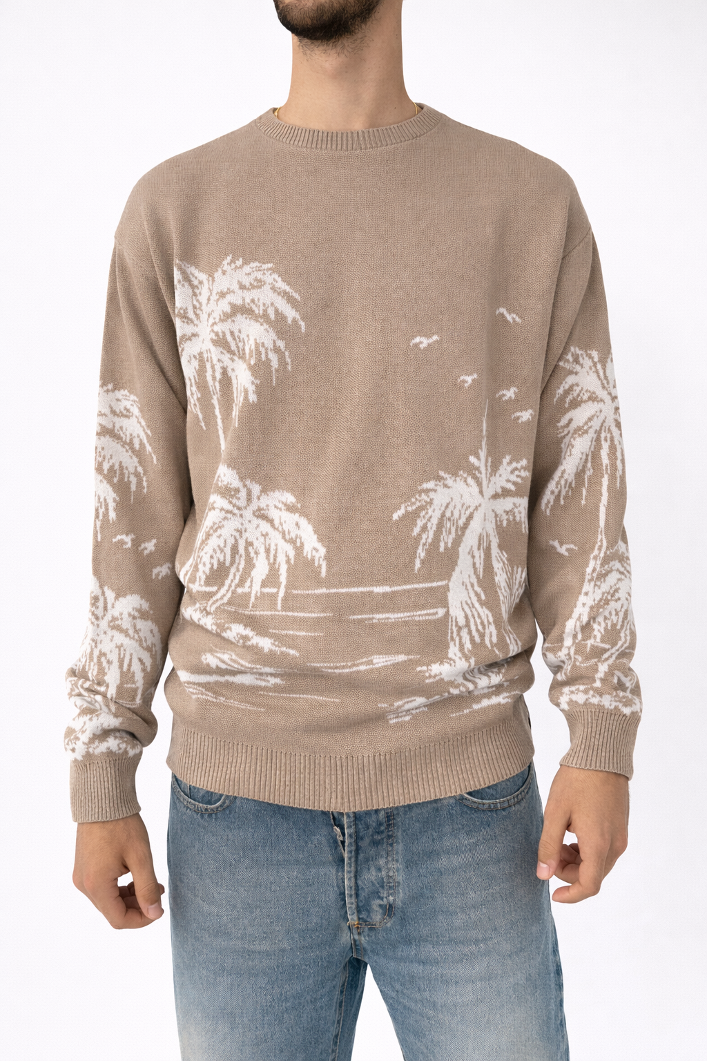 MAGLIONE GIROCOLLO SABBIA CON FANTASIA PALME
