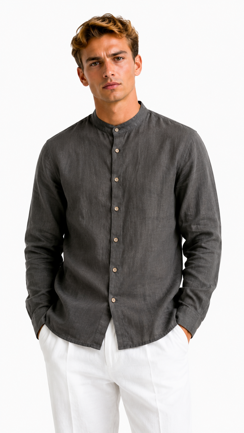 CAMICIA NERA IN 100% LINO CON COLLO COREANO