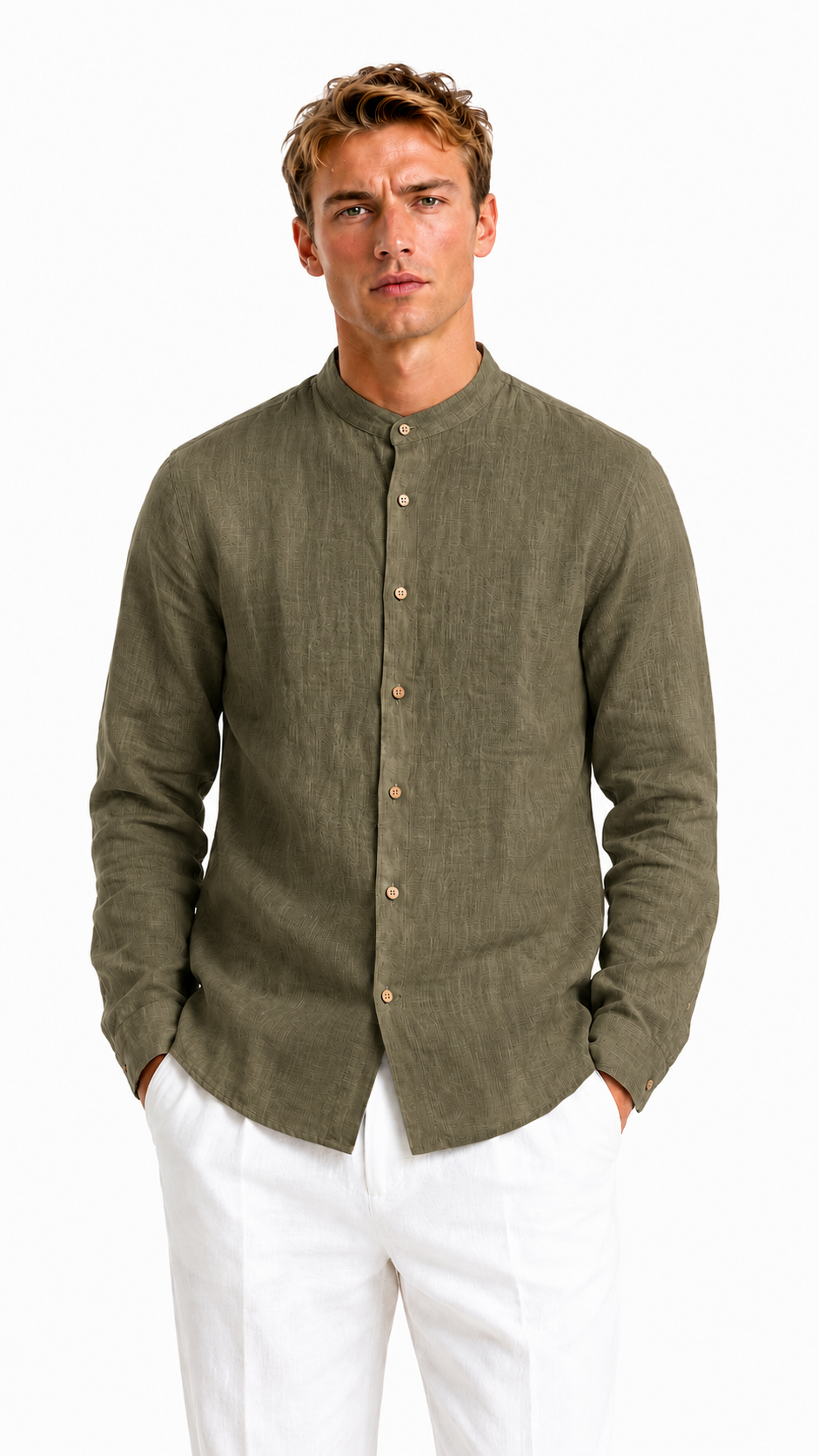 CAMICIA VERDE IN 100% LINO CON COLLO COREANO
