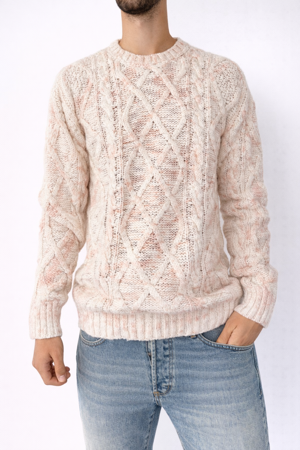 MAGLIONE GIROCOLLO CON FANTASIA TRECCIE CUCITA ROSA