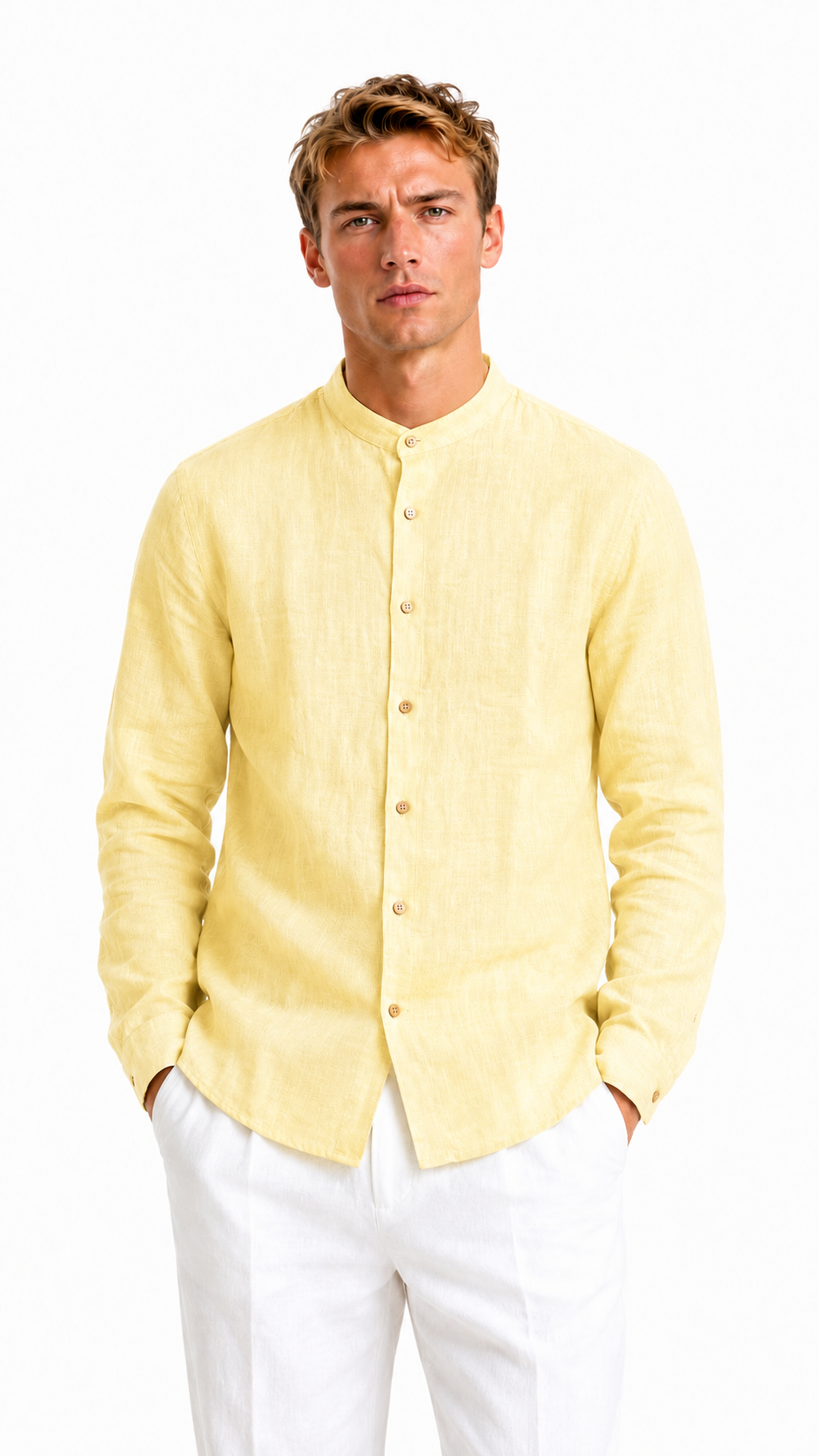 CAMICIA VERDE IN 100% LINO CON COLLO COREANO