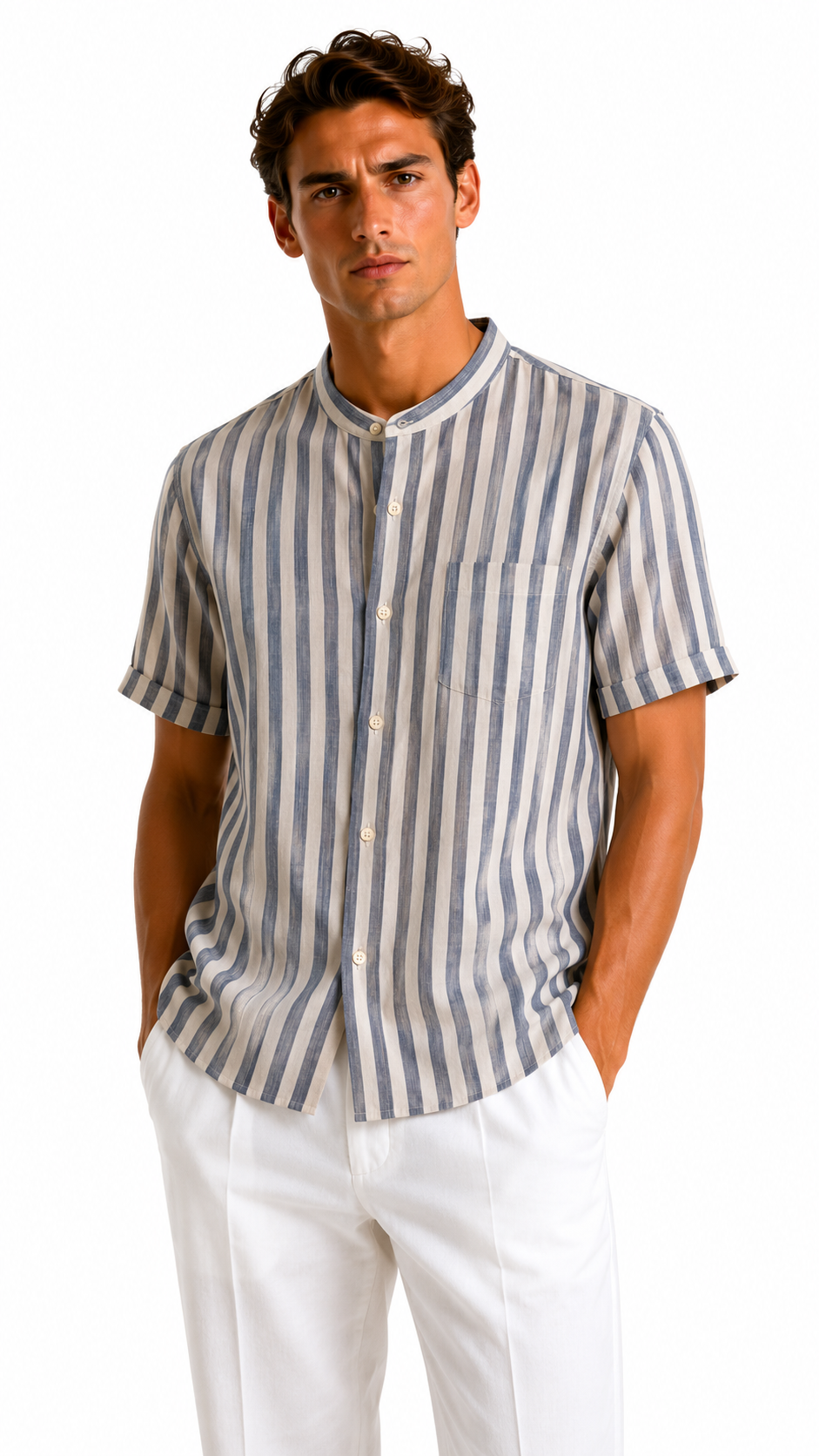 CAMICIA MEZZA MANICA 100% LINO CON RIGATA